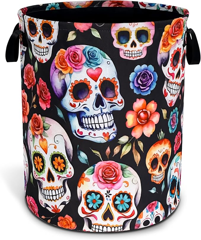 Sugar Skull Laundry Basket Skeleton Foldable Waterproof Oxford Cloth Funny Tote Bag Laundry Hamper Clothes Storage Bucket Toy Organizer For Bathroom/Laundry Storage/Bedroom 18.9x16.5 Inch - canvas sugar skull tote bag