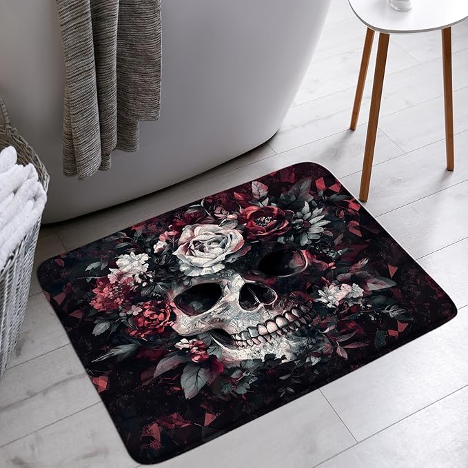 Sugar Skull Floral Bath Mat Spooky Halloween Gothic Skeleton Flower Vintage Mystical Bathroom Bathtub Floor Rugs Doormat Toilet Decor,24 x 36 in - sugar skull toilet mat set