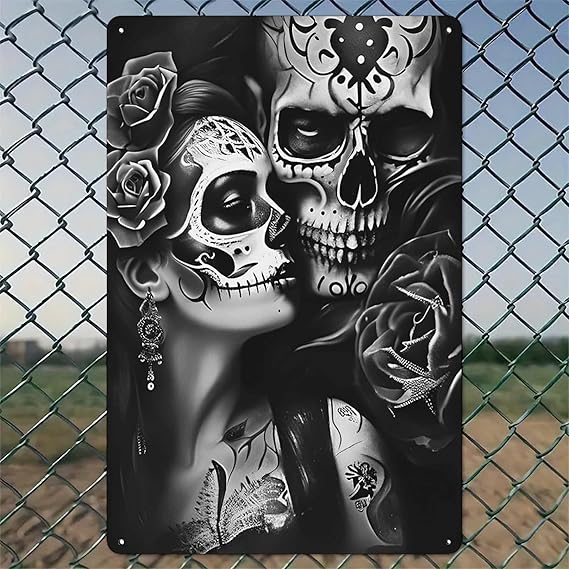 Halloween Decorations Sugar Skull Embrace Roses Rustic Aluminum Wall Art & Metal Tin Sign - 8x12in Vintage Indoor Outdoor Decor for Home, Office, Cafe, Yard & Garden，Farm - sugar skull poster print