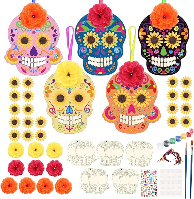 Fennoral 10 Pack Day of The Dead Craft Kits for Kids Make You Own Sugar Skull Dia De Los Muertos Ornament DIY Coloring Wooden Arts and Crafts for Halloween Favors Supplies Mexican Decoration - sugar skull christmas ornament