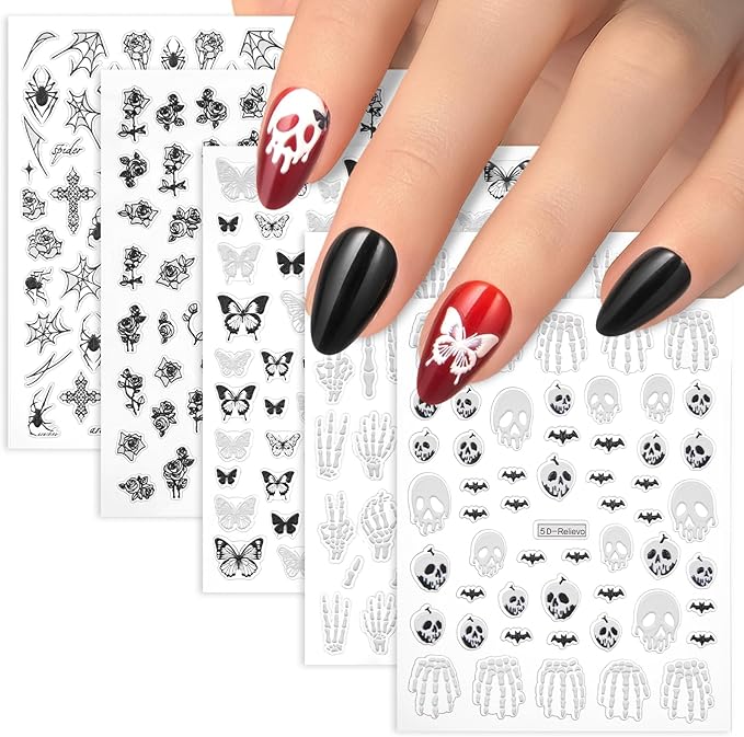 Halloween Nail Decals – 5 Sheets Bratrico 5D Halloween Nail Stickers, Self-Adhesive with Skulls, Bones, Black Butterfly Spiders & Black Roses, Classic Halloween Manicure Set for Women, Girls & Teens - sugar skull nail art
