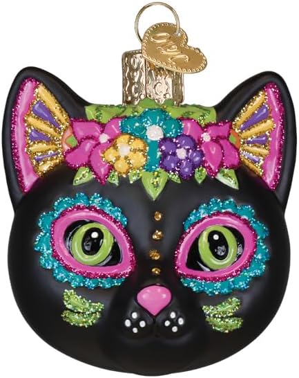 Old World Christmas Dia De Los Muertos Cat Glass Blown Ornament for Christmas Tree, Handcrafted Holiday Decoration, Dia De Los Muertos Collection - sugar skull christmas ornament