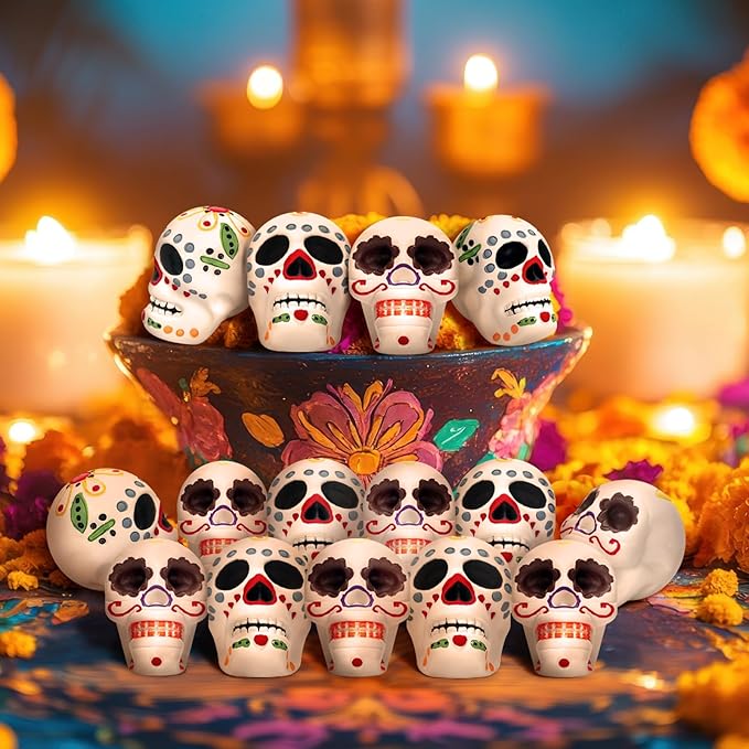12 Pcs Miniature Day of The Dead Skulls Ofrenda Decorations Dia De Los Muertos Ofrendas Altar De Muertos Miniature Mexican Fiesta for Day of The Dead Halloween Altar Ofrenda Decor - sugar skull figurine collectible