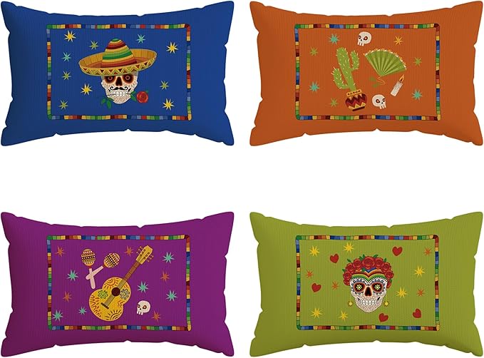 Dia De Los Muertos Pillow Covers Sugar Skull Mexican Style Music Guitar Flower Day of The Dead Lumbar Pillow Cases Set of 4 Decorations for Farmhouse Home Sofa Outdoor Holiday Decor 12x20 Inch - sugar skull throw pillow