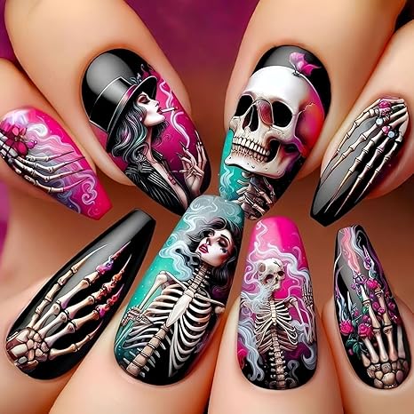 Halloween Medium Coffin Press on Nails Horror Skull Fake Nails Pink & Black Western Punk False Nails Full Cover Acrylic Nails Day of The Dead Glue on Nails Stick on Nails for Women Manicure 24Pcs - sugar skull nail art