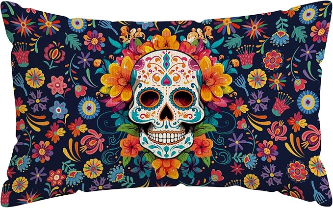 Dia De Los Muertos Pillow Cover Sugar Skull Watercolor Colorful Flowers Day of The Dead Mexican Lumbar Pillow Case Decorations for Farmhouse Home Sofa Couch Outdoor Holiday Decor 12x20 Inch - sugar skull throw pillow