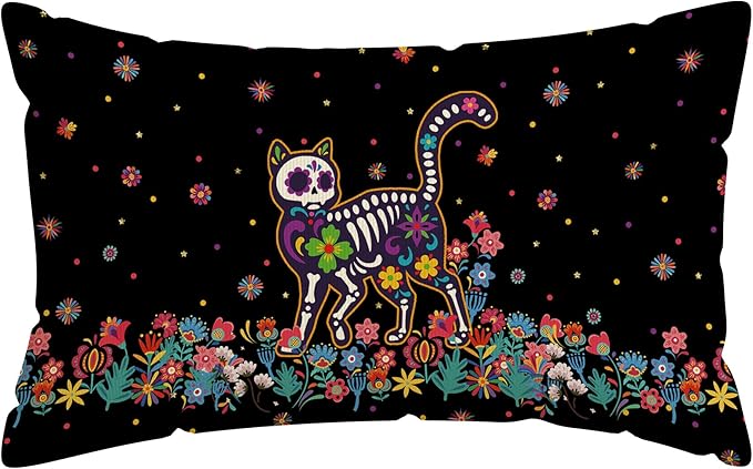 Dia De Los Muertos Pillow Cover Sugar Skull Cat Colorful Flowers Day of The Dead Mexican Lumbar Pillow Case Decorations for Farmhouse Home Bedroom Sofa Couch Outdoor Holiday 12x20 Inch - sugar skull throw pillow
