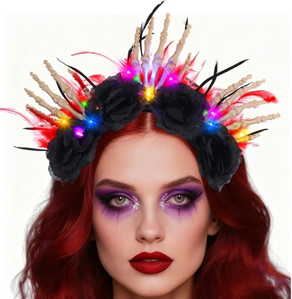 TWINKLEDE Light Up Halloween Headband Black Rose Hair Accessories Feather Skeleton Hand Halo Crown for Women - sugar skull flower crown