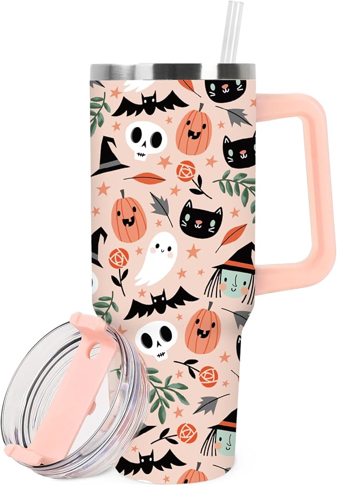 40oz Halloween Tumbler with Handle Straw and Lid Spooky Skull Ghost Pumpkin Travel Tumbler Coffee Cup for Holiday Party Home Office - sugar skull tumbler with straw