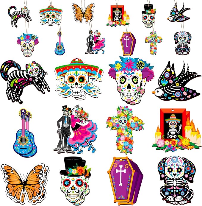 HOWAF 36pcs Day of The Dead Wood Ornaments, Dia De Los Muertos Decorations Hanging Wooden Sign for Mexican Dia de Los Muertos Altar Decor, Black Cats Sugar Skull Marigold Hanging Ornaments - sugar skull christmas ornament