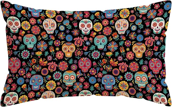 Dia De Los Muertos Pillow Cover Sugar Skull Colorful Flowers Day of The Dead Mexican Lumbar Pillow Case Decorations for Farmhouse Home Bedroom Sofa Couch Outdoor Holiday Decor 12x20 Inch - sugar skull throw pillow