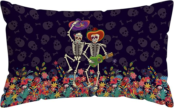 Dia De Los Muertos Pillow Cover Sugar Skull Mexican Style Dance Colorful Flowers Day of The Dead Lumbar Pillow Case Decorations for Farmhouse Home Sofa Couch Outdoor Holiday Decor 12x20 Inch - sugar skull throw pillow