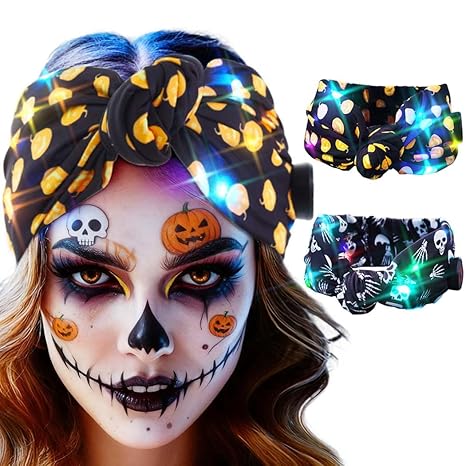 DRESBE Halloween Light Up Headbands LED Pumpkin Skull Ghost Wide Hairband Glow Party Hair Accessories for Women (Pumpkin Skull) - sugar skull flower crown