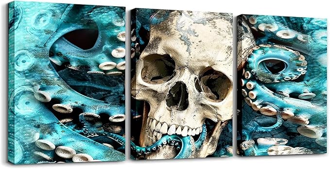 Feelyou Sugar Skull Canvas Wall Art for Living Room Bedroom 12" x 16" 3 Piece Octopus Picture Wall Decor for Home Decor Bathroom Ocean Kraken Office Decorations Artwork Posters Blue Painting - sugar skull canvas wall art