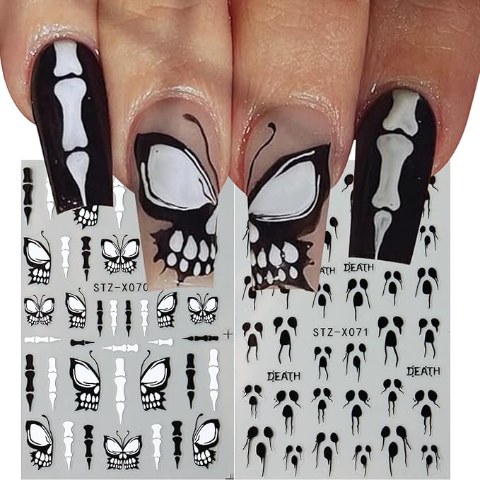 Halloween Nail Stickers 2 Sheets Nail Art Stickers Self-Adhesive Skeleton Stickers for Nails Art Design Bones Specter Nail Decals Butterfly Shaped Skull Horror Designs Nail Art Decals for Women - sugar skull nail art