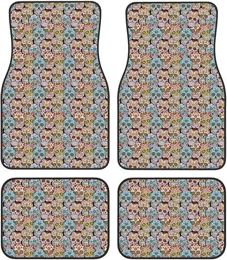Colorful Sugar Skull for Car Floor Mats Set of 4 Universal Fit Automotive All-Weather Mats with Non-Slip Rubber Backing for SUV, Sedan, Van Car Accessories - - sugar skull car floor mats