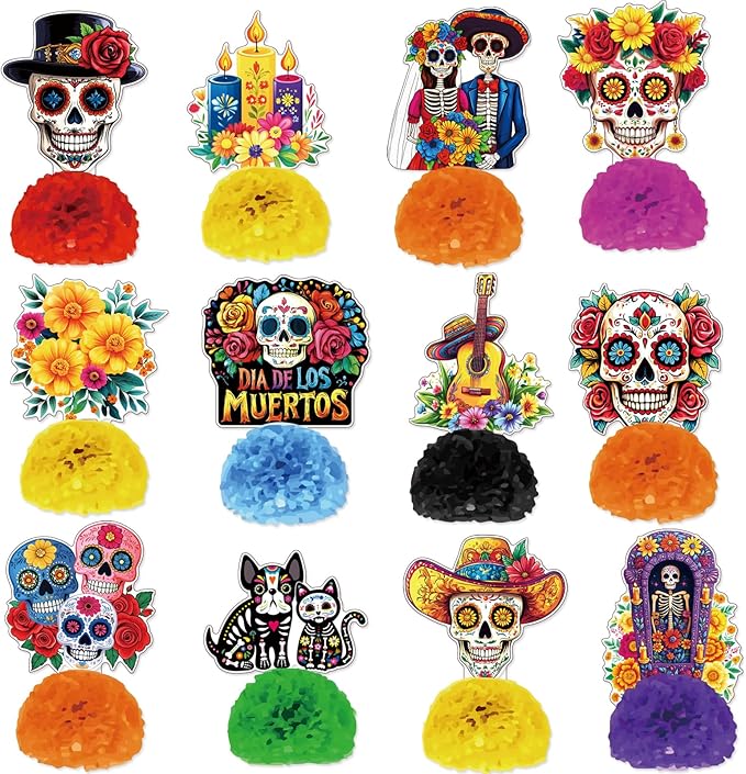 Day of The Dead Honeycomb Decor - 12-Piece Dia De Los Muertos Honeycomb Table Decorations with Hollow Sugar Skulls and Floral Centerpieces Day of The Dead Decorations Mexican Party Supplies - sugar skull figurine collectible