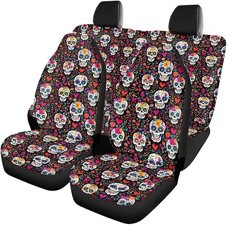 Sugar Skull Car Seat Covers Universal Front Seat and Rear Bench Split Protector Halloween Vehicle Automotive Accessories for SUV Truck Black - sugar skull car seat covers set