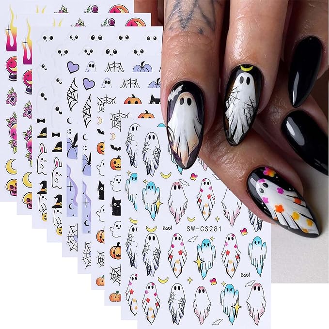 ONPRESS 10Sheet Halloween Nail Stickers Pumpkin Ghost Face Nail Decals 3D Self Adhesive Nail Supplies Spider Web Cat Bat Star Moon Skull Nail Art Stickers for Acrylic Nails for Women DIY Manicure - sugar skull nail art