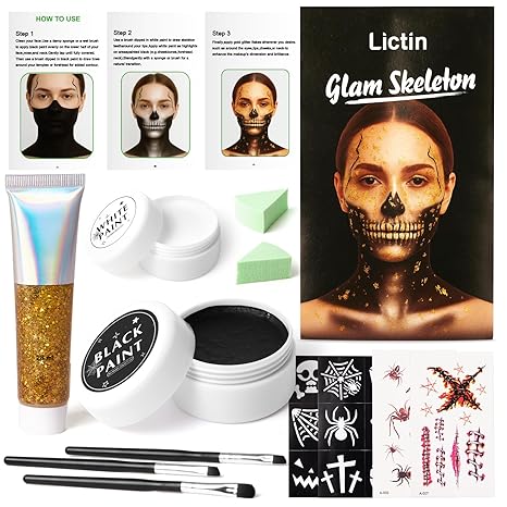 Lictin Black and White Face Body Paint with Gold Glitter Gel, Zombie Skeleton Makeup Face Paint, Professional Make Up Kit for Halloween, Costume, Cosplay, Carnivals for Adults & Kids - sugar skull makeup kit