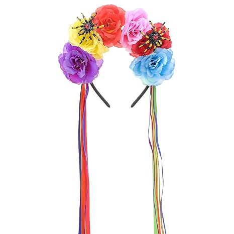 Death of the Day Flower Crown, Colorful Mexican Rose Headband with Ribbon, Halloween Spider Floral Headpiece for Dia De Los Muertos Costume Halloween Festival Party Cosplay Hair Accessories - sugar skull flower crown