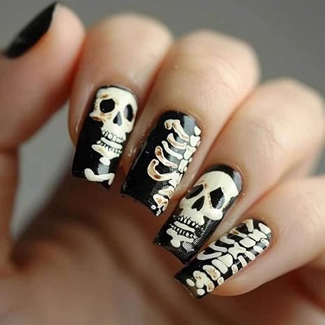 Halloween Press on Nails Medium Square SWEKKE Black Fake Nails Glossy False Nails with White Sugar Skull Skeleton Designs Horror Full Cover Reusable Acrylic Nails for Women Girls 24Pcs - sugar skull nail art