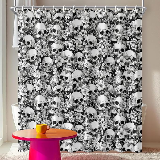 Skull Shower Curtain 72x72 Inch Gothic Skeleton Floral Bathroom Curtain Black White Horror Punk Style Fabric for Halloween Decor - sugar skull shower curtain set