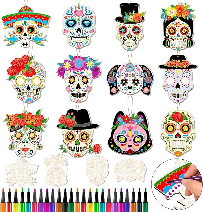 HOWAF 36PCS Day of The Dead Wooden Craft Kit Color Your Own Skull Ornaments, Dia De Los Muertos Coloring Skeleton Hanging Ornaments with Pens for Mexican Halloween Party Favors Activity - sugar skull christmas ornament