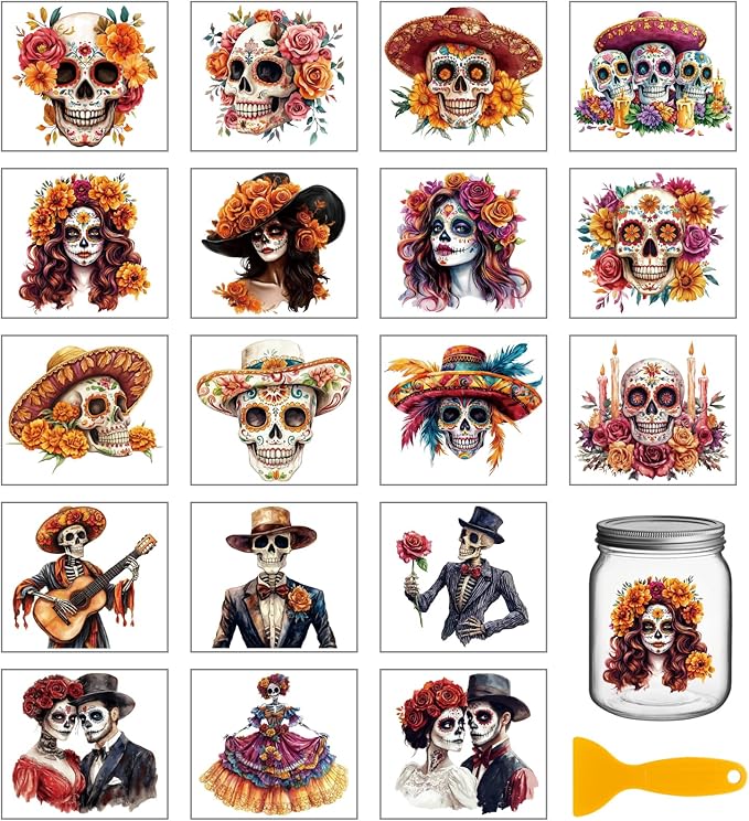GLOBLELAND 18 Sheets Sugar Skeleton Transfer Stickers 3.9x3.6inch Day of The Dead Colorful Transfer Decal Rub on Transfer for Cup Decal Vase Glass Halloween Art Crafts Decorations - sugar skull christmas decorations