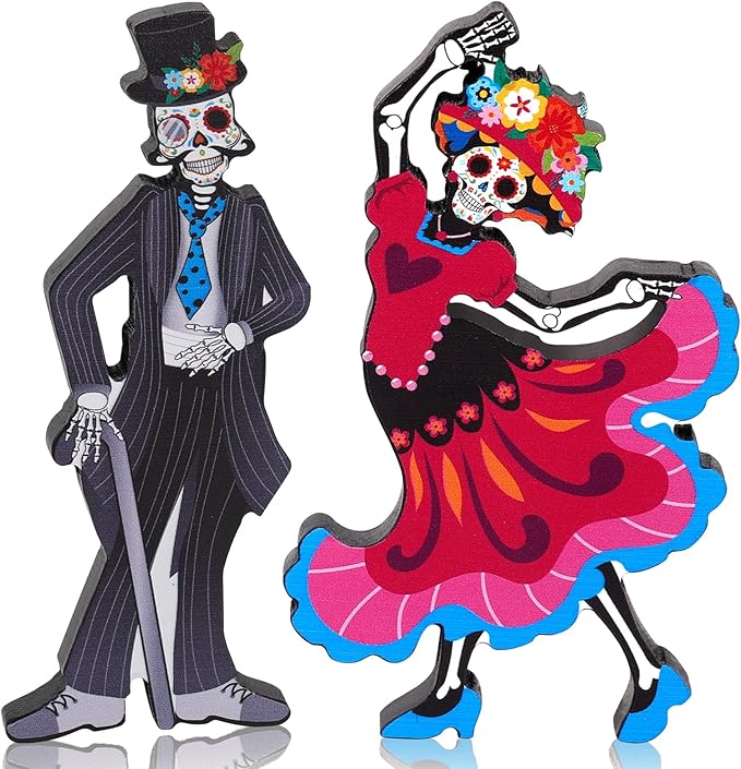 HOWAF 2pcs Day of The Dead Figurines Decorations Skeleton Bride and Groom, Dia De Los Muertos Gifts Wooden Ghost Bride Groom Sign Skull Table Topper for Alter Halloween Home Office Desk Mantle - sugar skull figurine collectible
