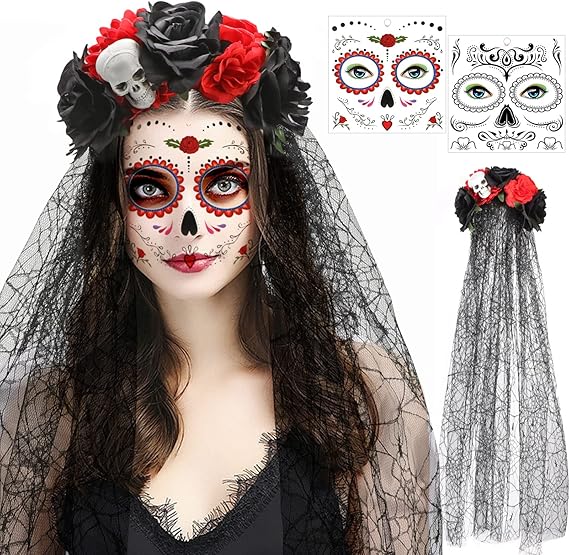 HOWAF Day of the Dead Headband Veil Rose Floral Crown Mexican Headwear Halloween Face Tattoos Day of The Dead Temporary Tattoo Sugar Skull for Women Halloween Fancy Dress Costume Accessory - sugar skull flower crown