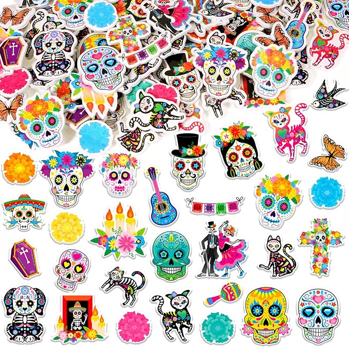 200pcs Day of The Dead Foam Stickers, Dia De Los Muertos Sugar Skull Marigold Self-Adhesive Stickers for Mexican Halloween Party DIY Crafts Sticker, Skeleton Cat Guitar Foam Decals - sugar skull vinyl sticker