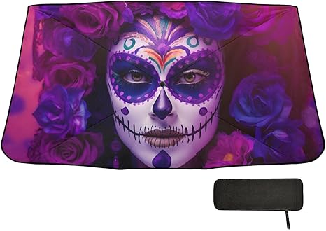 Windshield Sun Shade Umbrella Sugar Skull Floral Purple – Black Coating Protect Car from Sun Rays & Heat Damage Keep Cool Interior 55" L x 27.5" W - sugar skull car sunshade for windshield