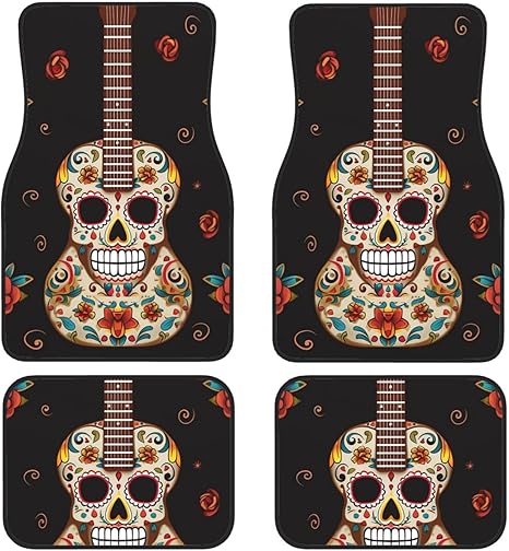Guitar Pepper Sugar Skull Car Floor Mats All-Weather Front Rear Car Foot Mat Sets of 4 Pieces Non-Slip Neoprene Automotive Carpet Universal Fit Interior for Car SUV, Vans,Trucks - sugar skull car floor mats