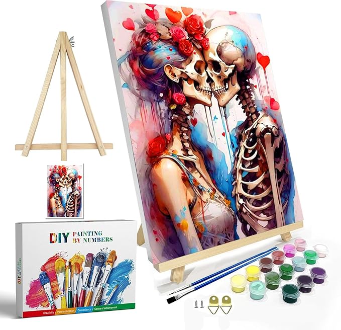 igoodom Paint by Numbers Kit for Adults with Frame and Easel, 20x30cm DIY Acrylic Painting on Canvas with Box, Sugar Skull Paint by Number Set for Home Wall Decor - sugar skull canvas wall art