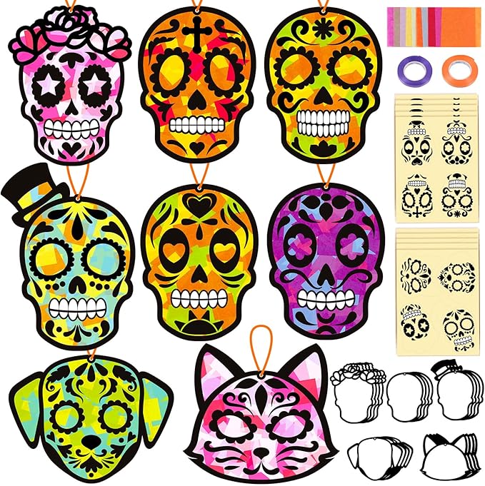 Renbuzhu 36PCS Dia De Los Muertos Crafts Bulk: Sugar Skull Paper Suncatchers DIY Kit for Day of The Dead Halloween Party Activities Decorations, Window Stained Glass Effect Art Supplies - sugar skull wine glass