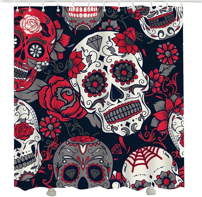 Skull Fabric Shower Curtain Red Flower Colored Sugar Skull Shower Curtain Cloth Fabric Bathroom Decor Set with Hooks 72 x 78 Inch - sugar skull shower curtain set