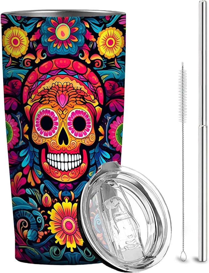 Sugar Skull Tumbler 20oz | Stainless Steel Travel Mug with Straw and Leak-Proof Lid | Day of the Dead Coffee Cup, Vacuum Insulated Double Wall | Christmas and Birthday Gifts for Men and Women - sugar skull tumbler with straw