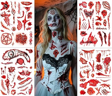 110Pcs Halloween Party Favors - 4 Sheets Halloween Decorations Tattoos Bloody Wound Supplies Goodie Bag Stuffers for Halloween Decor Indoor, Halloween Tattoos & Halloween Decorations Gifts for Party - sugar skull temporary tattoo