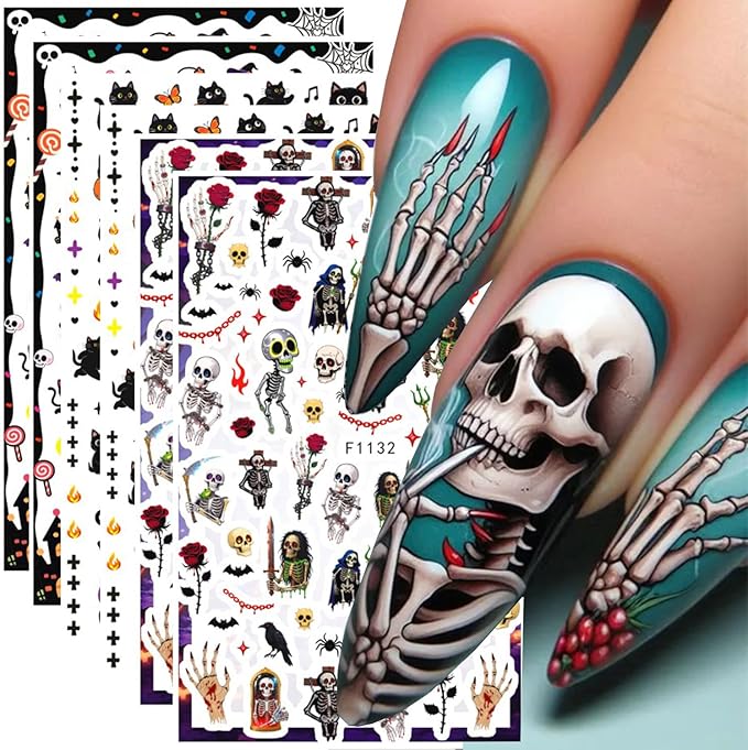 6 Sheets Halloween Nail Art Stickers Decal 3D Gothic Punk Rose Skull Black Cat Nail Decals Punk Horror Nail Decoration Charms Nail Design for Acrylic Nail Accessories Supplies for Women - sugar skull nail art