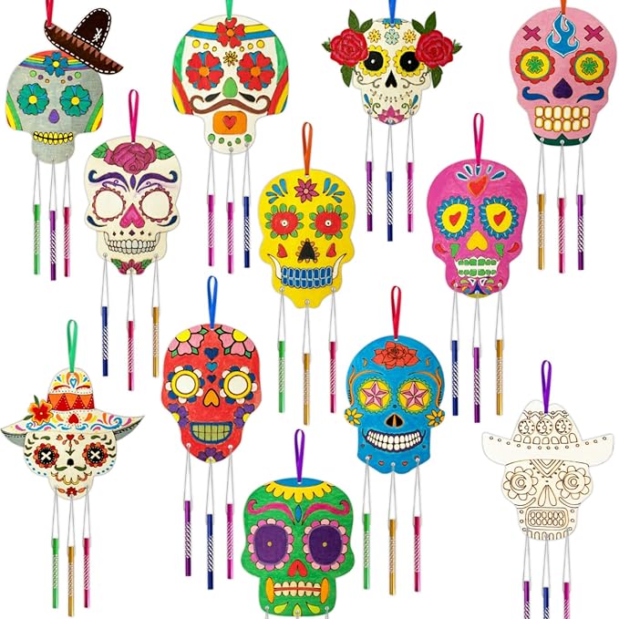 Wooden Day of The Dead Craft Ornaments, Hallwoeen DIY Blank Sugar Skull Unfinished Wood Hanging Decorations, Mexican Holiday Dia De Muertos Party Decors, Coloring Wind Chime Party Supplies, Set of 12 - sugar skull christmas ornament