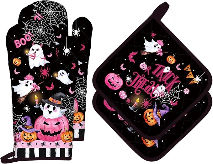 Halloween Boo Pink Pumpkin Oven Mitts and Pot Holders Sets 4Pcs, 100% Cotton Heat Resistant, Extra Long Oven Gloves Potholder for Kitchen Cooking Baking Decoration - sugar skull oven mitts