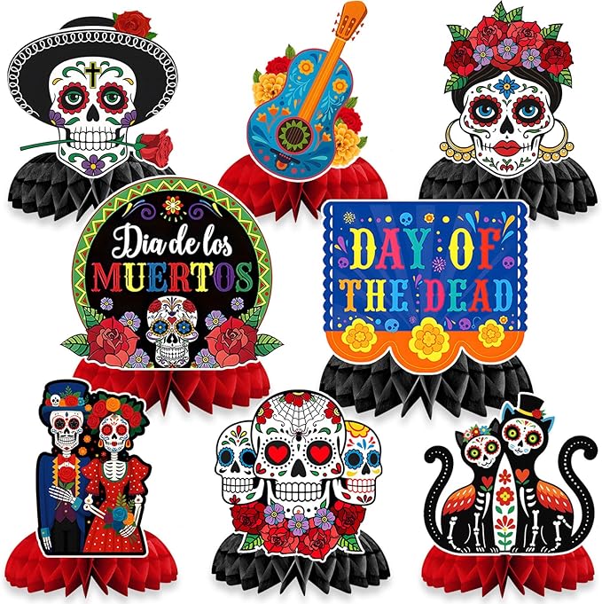 JULMELON 8 PCS Day of the Dead Table Decorations Honeycomb Centerpieces, 3D Double Side Dia De Los Muertos Centerpieces Sugar Skull Table Toppers for Halloween Mexican Party Decorations - sugar skull candle holder