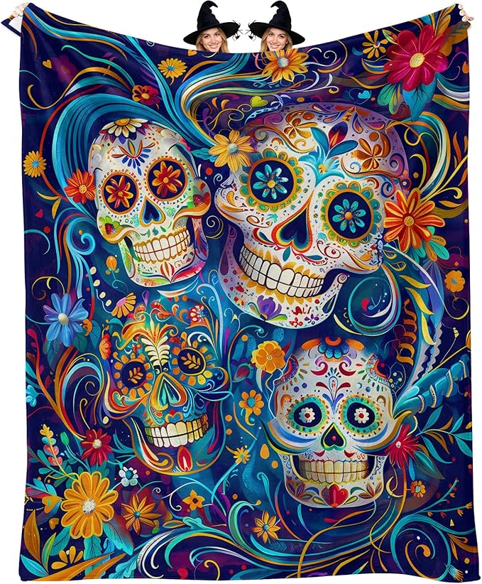 Cozy Halloween Throw Blanket 50x60 Inches - Soft Flannel Oversized Horror Themed Decor for Fall Day of The Dead, Featuring Skull Designs, Spooky Gifts for Women - sugar skull throw blanket