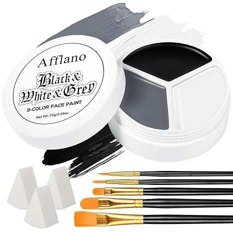 Black White Grey Face Body Paint, Halloween Ghost Skeleton Makeup Kit (3 Sponges + 5 Brushes), 9 Pcs Oil Based Full Coverage Smooth Face Painting Kit for Halloween SFX Clown Costume, Skull, Cosplay - sugar skull makeup kit
