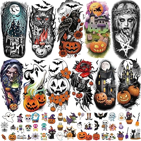 77 PCS Halloween Temporary Tattoos Adult Kids, 17 PCS Half Arm Pumpkin Bat Crow Witch Skull Fake Tattoos, 60 PCS Spider Cat Ghost Scar Tiny Realistic Face Body Tattoos Stickers for Halloween Costume - sugar skull temporary tattoo