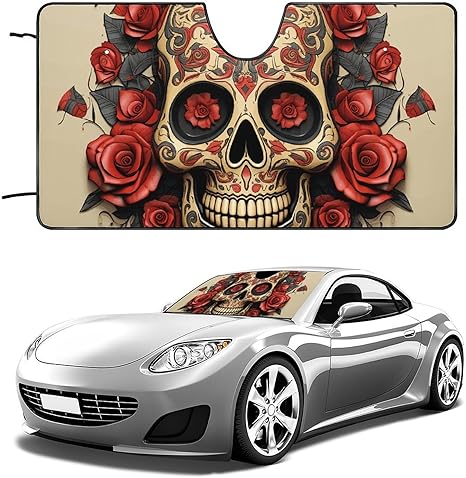 Funny Red Rose Sugar Skull Car Windshield Sun Shade, Reflector Car Sun Visor, Foldable Front Window Sunshade Cover, Heat Insulation, Blocks UV Rays, Keeps Vehicle Cool, for SUV Truck(51"x28") - sugar skull car sunshade for windshield