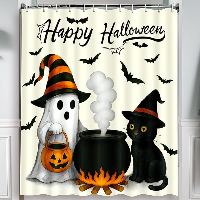 Halloween Bathroom Decor Ghost Cat Pumpkin Shower Curtain Spooky Decorations with 12PCS Hooks 72x72 Inch - sugar skull shower curtain set