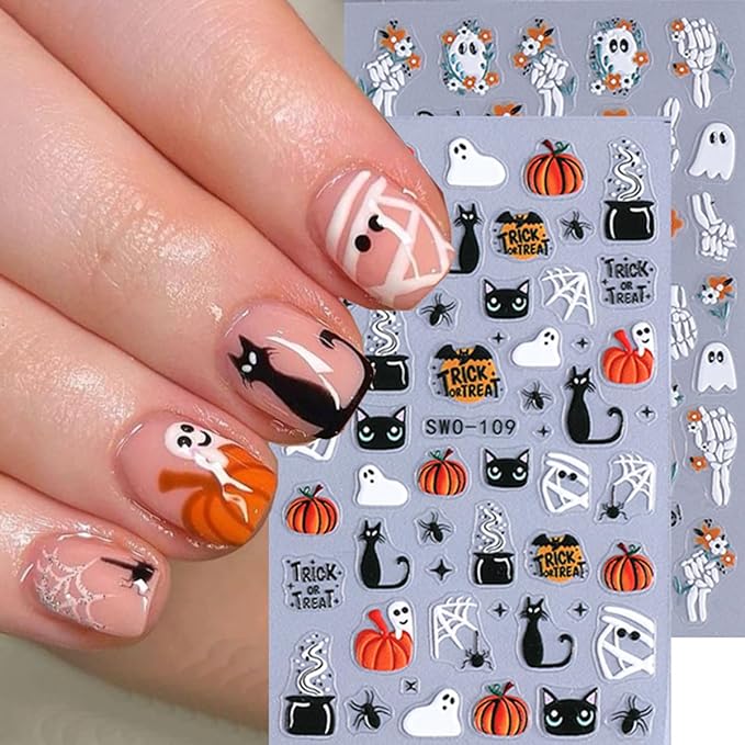 4 Sheets Halloween Nail Stickers for Nail Art 3D Self Adhesive Ghost Nail Art Stickers Mummy Skull Pumpkin Black Cat Spider Web Nail Decals Manicure Supplies for Women DIY Decoration - sugar skull nail art