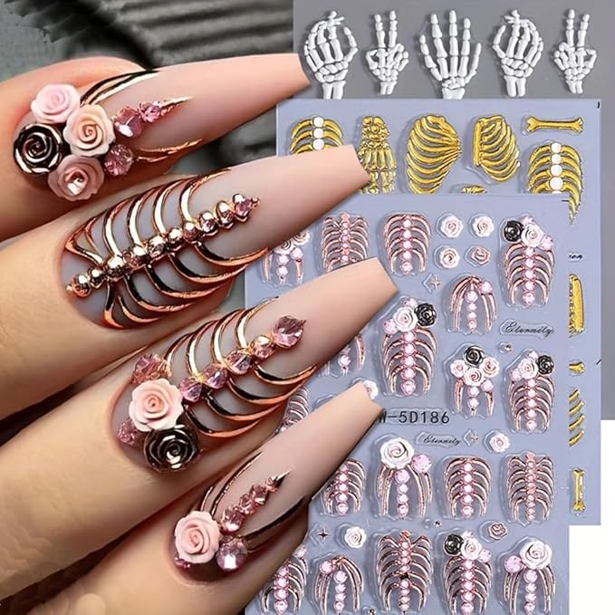 3Pcs Skull & Ribcage 5D Nail Stickers - Y2K Gothic Horror Design, Self-Adhesive Foil Decals Halloween Nail Art, Single-Use Plastic Embossed Animal Print, Golden, White, Rose Gold Skull Nails Decals - sugar skull nail art